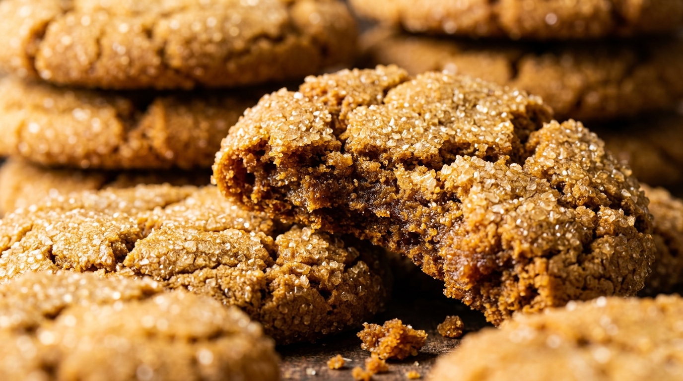 Ultra close-up macro stack of soft and chewy ginger molasses crinkle cookies