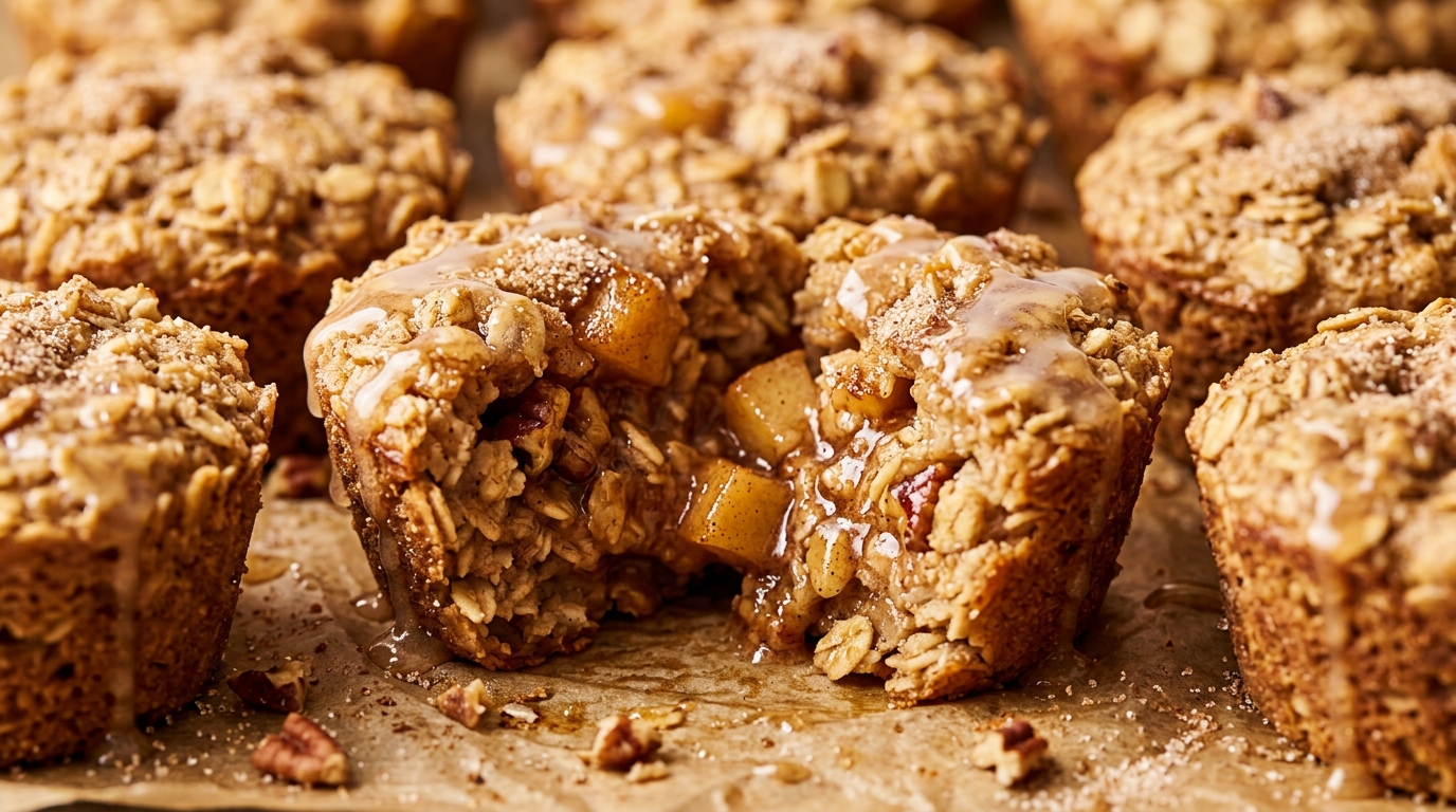 Cinnamon apple baked oatmeal cups split open showing tender oats and caramelized apples