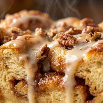 Ultra close-up macro slice of steaming cinnamon roll French toast casserole with dripping cream cheese glaze