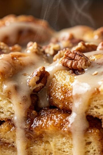 Ultra close-up macro slice of steaming cinnamon roll French toast casserole with dripping cream cheese glaze