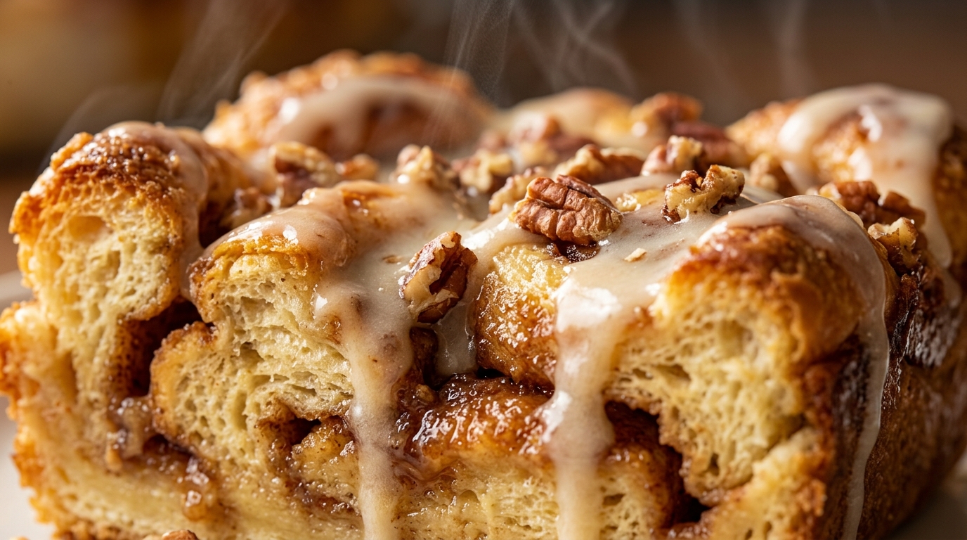 Ultra close-up macro slice of steaming cinnamon roll French toast casserole with dripping cream cheese glaze