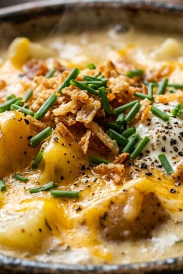 Ultra close-up macro texture of thick loaded baked potato soup with melted cheddar, chives, and sour cream