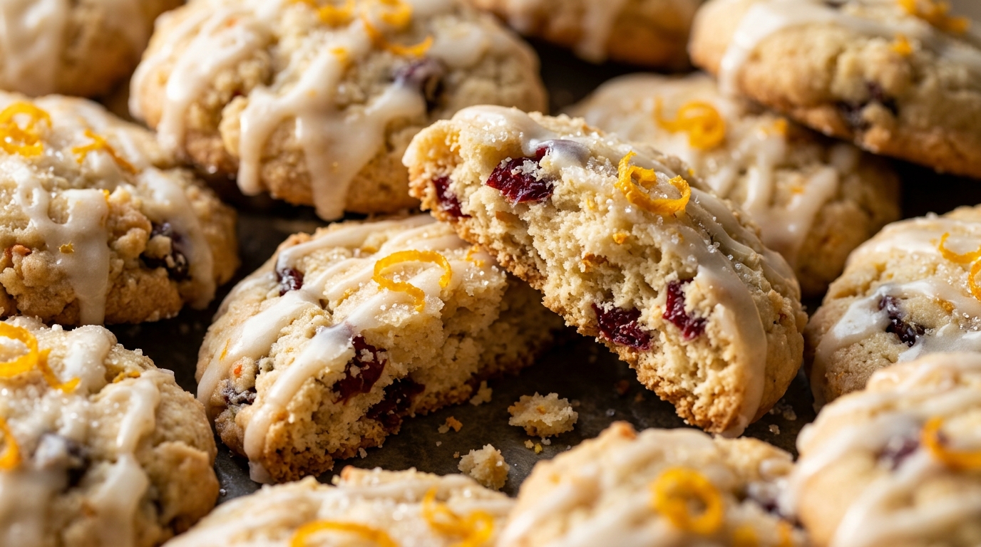 Melt-in-mouth cranberry orange glazed shortbread cookies broken in half