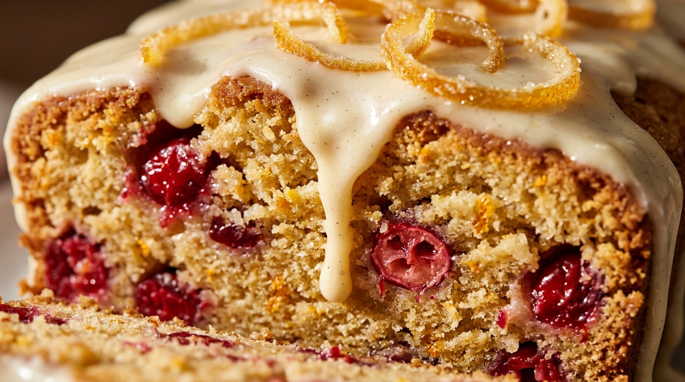 Ultra close-up macro slice of moist cranberry orange pound cake with dripping cream cheese glaze