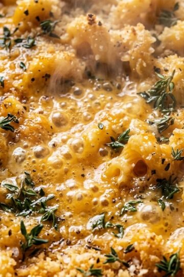 Ultra close-up macro texture of creamy butternut squash mac and cheese with toasted panko and fresh thyme