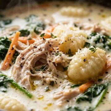 Ultra close-up macro of creamy chicken and gnocchi soup in rich garlic herb cream broth