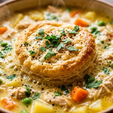 Ultra close-up macro texture of cozy creamy chicken pot pie soup with tender shredded chicken, carrots, peas, and a golden flaky puff pastry biscuit