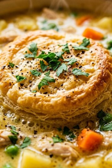 Ultra close-up macro texture of cozy creamy chicken pot pie soup with tender shredded chicken, carrots, peas, and a golden flaky puff pastry biscuit