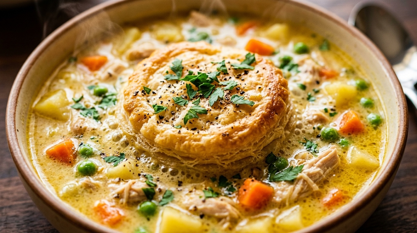 Ultra close-up macro texture of cozy creamy chicken pot pie soup with tender shredded chicken, carrots, peas, and a golden flaky puff pastry biscuit