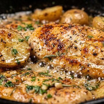 Ultra close-up macro of creamy garlic herb chicken and baby potatoes in skillet