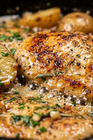 Ultra close-up macro of creamy garlic herb chicken and baby potatoes in skillet