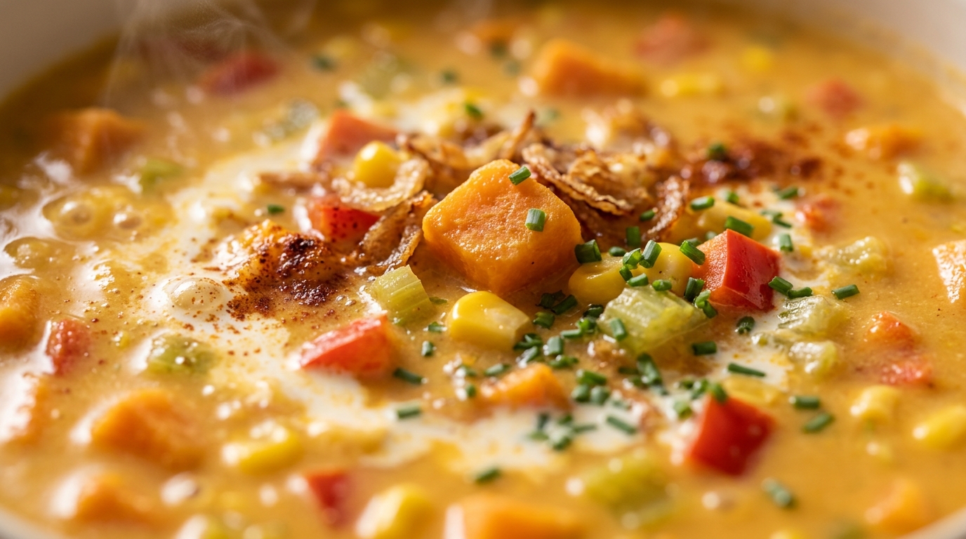 Creamy sweet potato and corn chowder topped with crispy shallots and fresh chives
