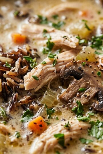 Ultra close-up macro of steaming creamy wild rice and chicken mushroom soup with cracked pepper