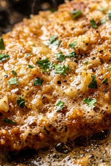 Ultra close-up macro texture of crispy golden garlic parmesan crusted chicken cutlets sizzling in herb garlic butter