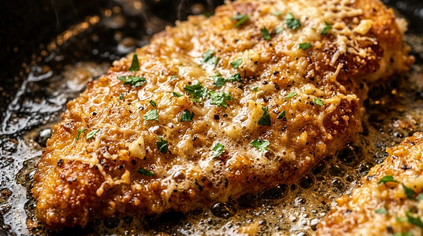 Ultra close-up macro texture of crispy golden garlic parmesan crusted chicken cutlets sizzling in herb garlic butter