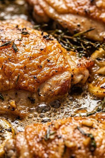 Ultra close-up macro of sizzling crispy lemon herb chicken thighs in garlic butter pan sauce
