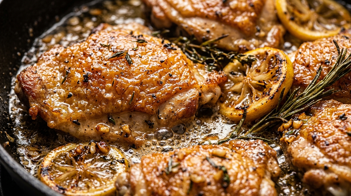 Ultra close-up macro of sizzling crispy lemon herb chicken thighs in garlic butter pan sauce