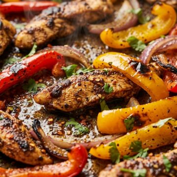 Sizzling juicy sheet pan chicken fajitas with charred peppers and fresh lime