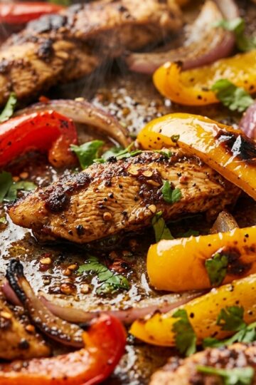 Sizzling juicy sheet pan chicken fajitas with charred peppers and fresh lime