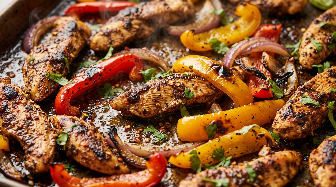 Sizzling juicy sheet pan chicken fajitas with charred peppers and fresh lime