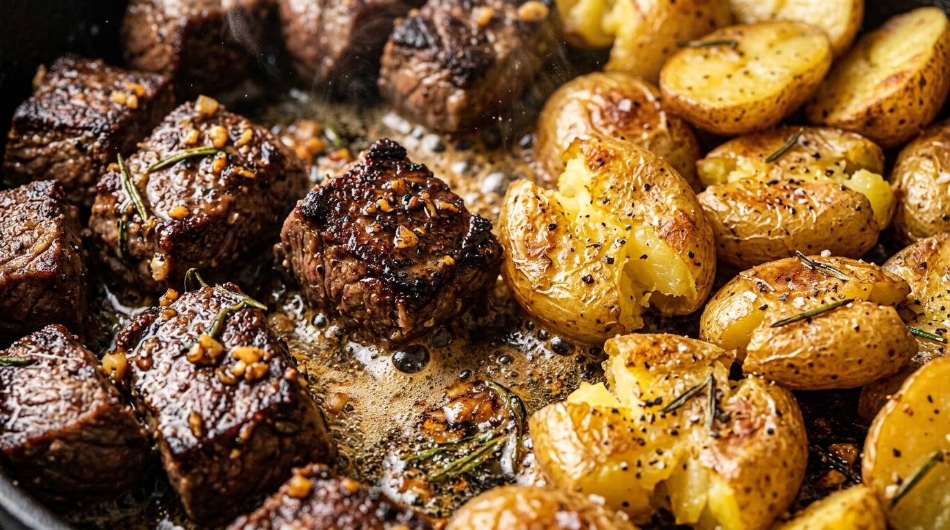 Sizzling garlic butter steak bites with crispy golden potatoes in cast iron skillet