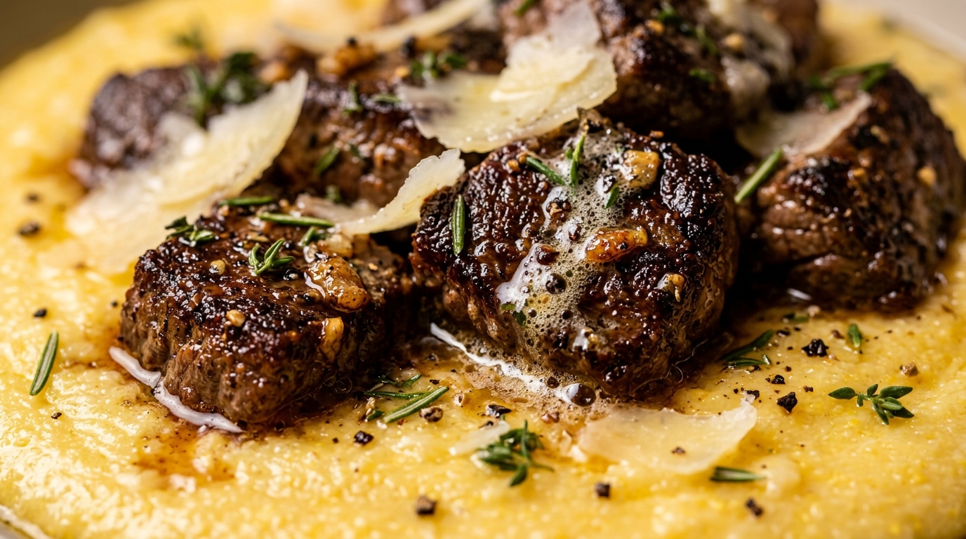 Ultra close-up macro of garlic butter steak bites over creamy parmesan polenta
