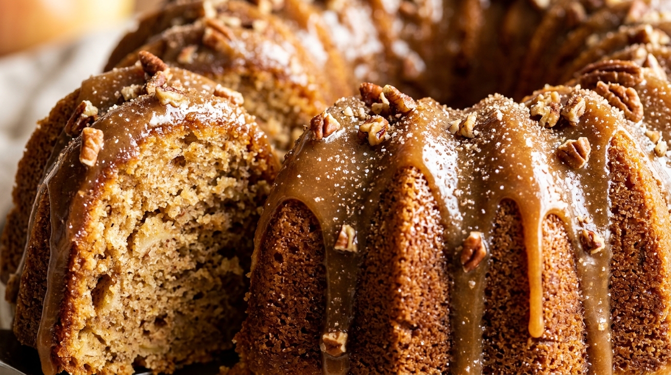 Ultra close-up macro texture of glazed apple cider bundt cake with glossy salted caramel drizzle and moist golden crumb