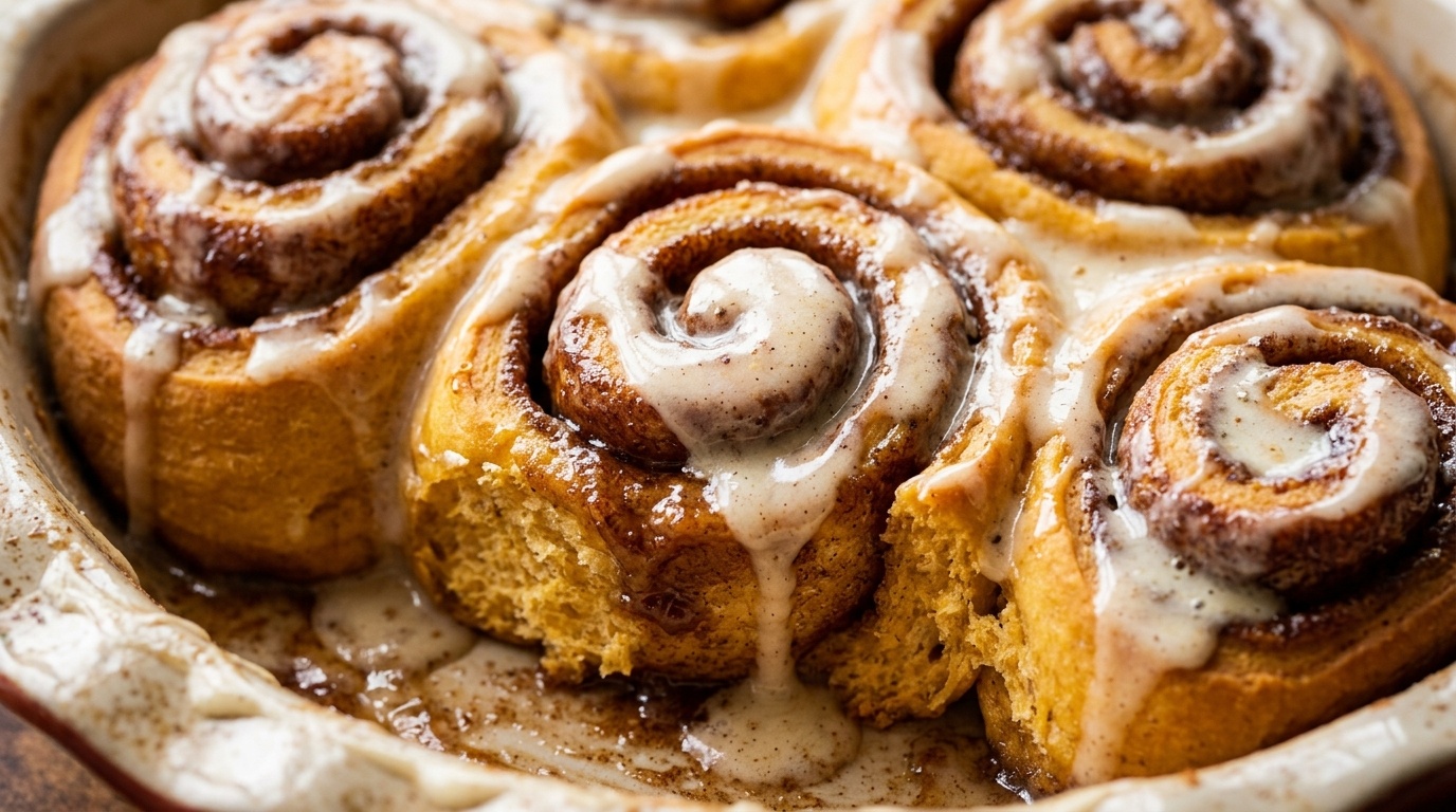 Ultra close-up macro texture of warm gooey pumpkin cinnamon rolls with melting maple cream glaze and soft pillowy dough crumb