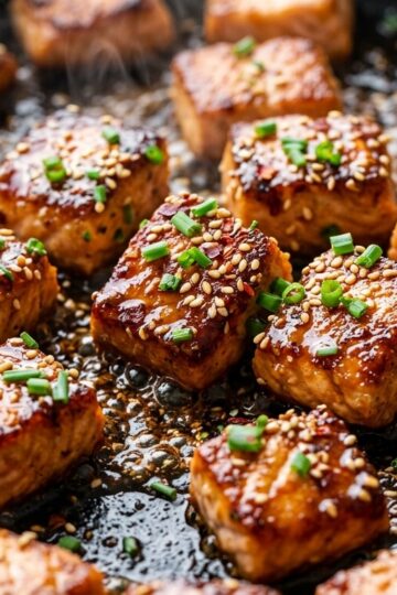Ultra close-up macro texture of crispy honey garlic butter salmon bites sizzling in a skillet with bubbly caramelized glaze, toasted sesame seeds, and chives