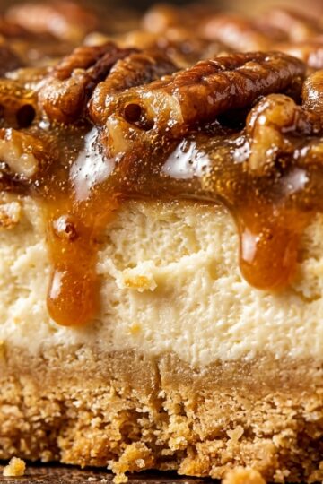 Ultra close-up macro slice of decadent pecan pie cheesecake bar with gooey praline dripping