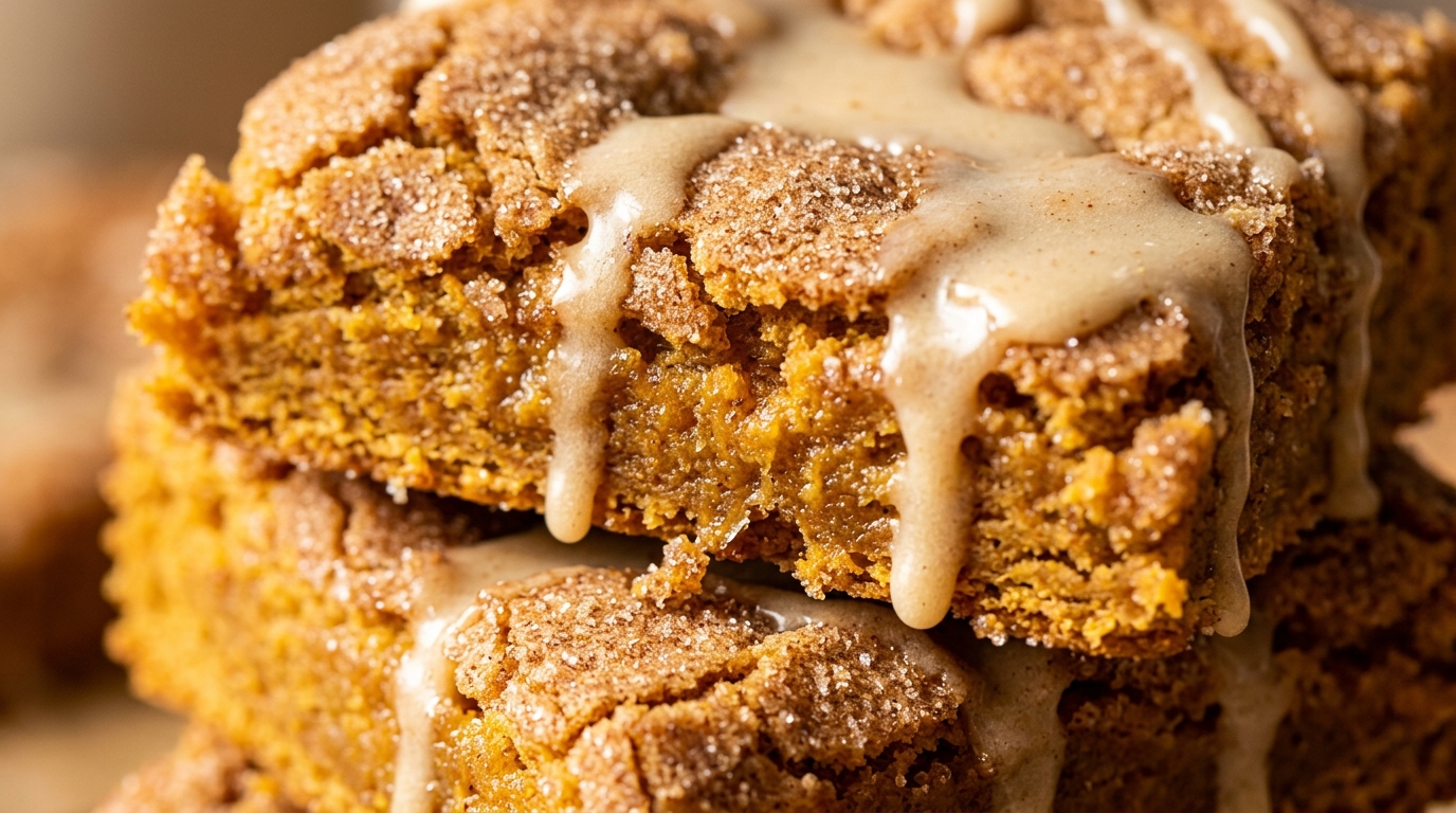 Thick chewy spiced pumpkin snickerdoodle cookie bars with crackled cinnamon sugar crust