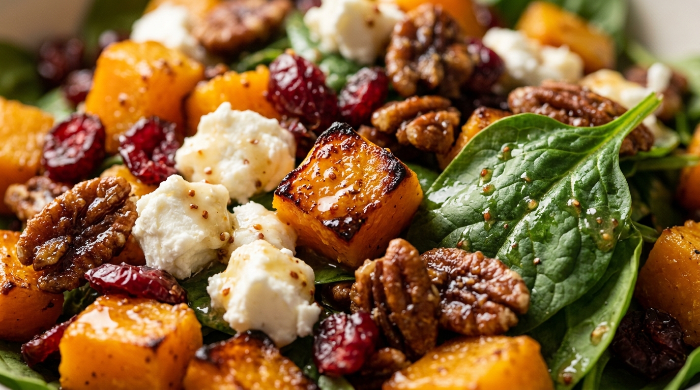 Warm roasted butternut squash and goat cheese salad glistening with maple Dijon cider dressing