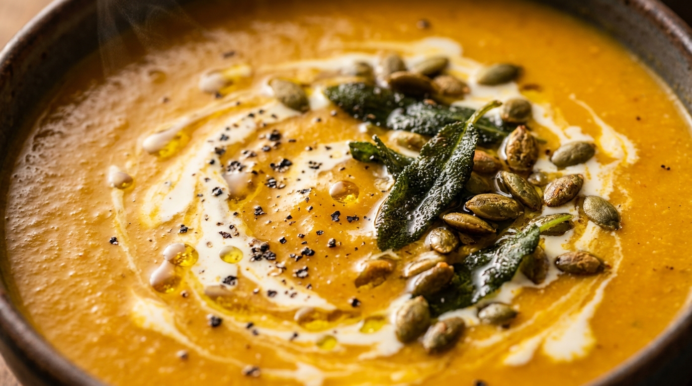 Ultra close-up macro of creamy roasted butternut squash soup with brown butter sage