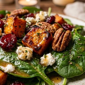 Ultra close-up macro texture of warm roasted sweet potato and pecan autumn salad with caramelized sweet potatoes, toasted pecans, cranberries, and goat cheese