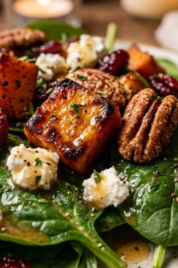 Ultra close-up macro texture of warm roasted sweet potato and pecan autumn salad with caramelized sweet potatoes, toasted pecans, cranberries, and goat cheese