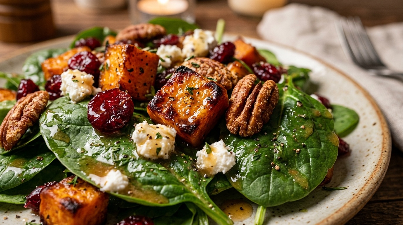Ultra close-up macro texture of warm roasted sweet potato and pecan autumn salad with caramelized sweet potatoes, toasted pecans, cranberries, and goat cheese