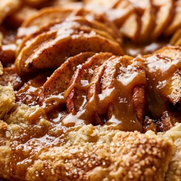 Ultra close-up macro of warm rustic salted caramel apple galette slice with flaky crust