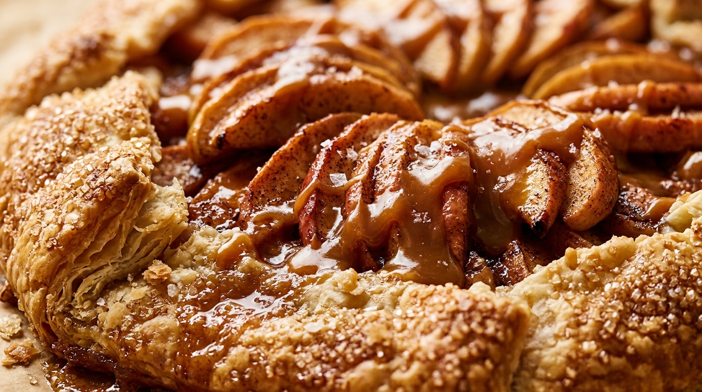 Ultra close-up macro of warm rustic salted caramel apple galette slice with flaky crust