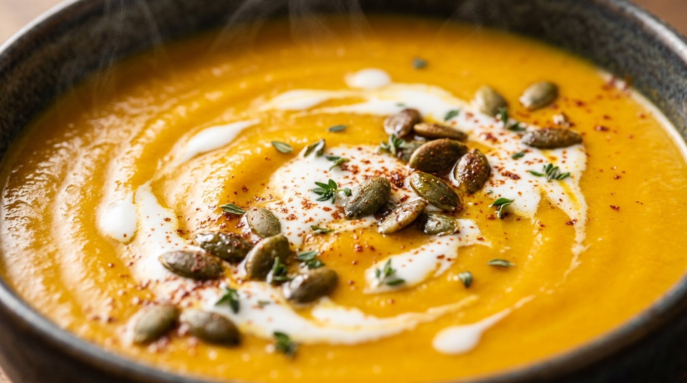 Velvety spiced pumpkin and roasted carrot soup swirled with coconut cream and pepitas