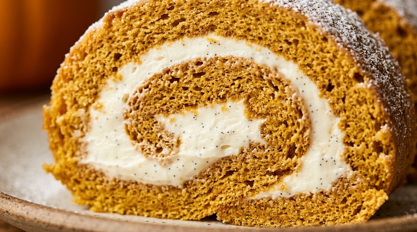 Ultra close-up macro sliced spiced pumpkin roll with vanilla cream cheese filling