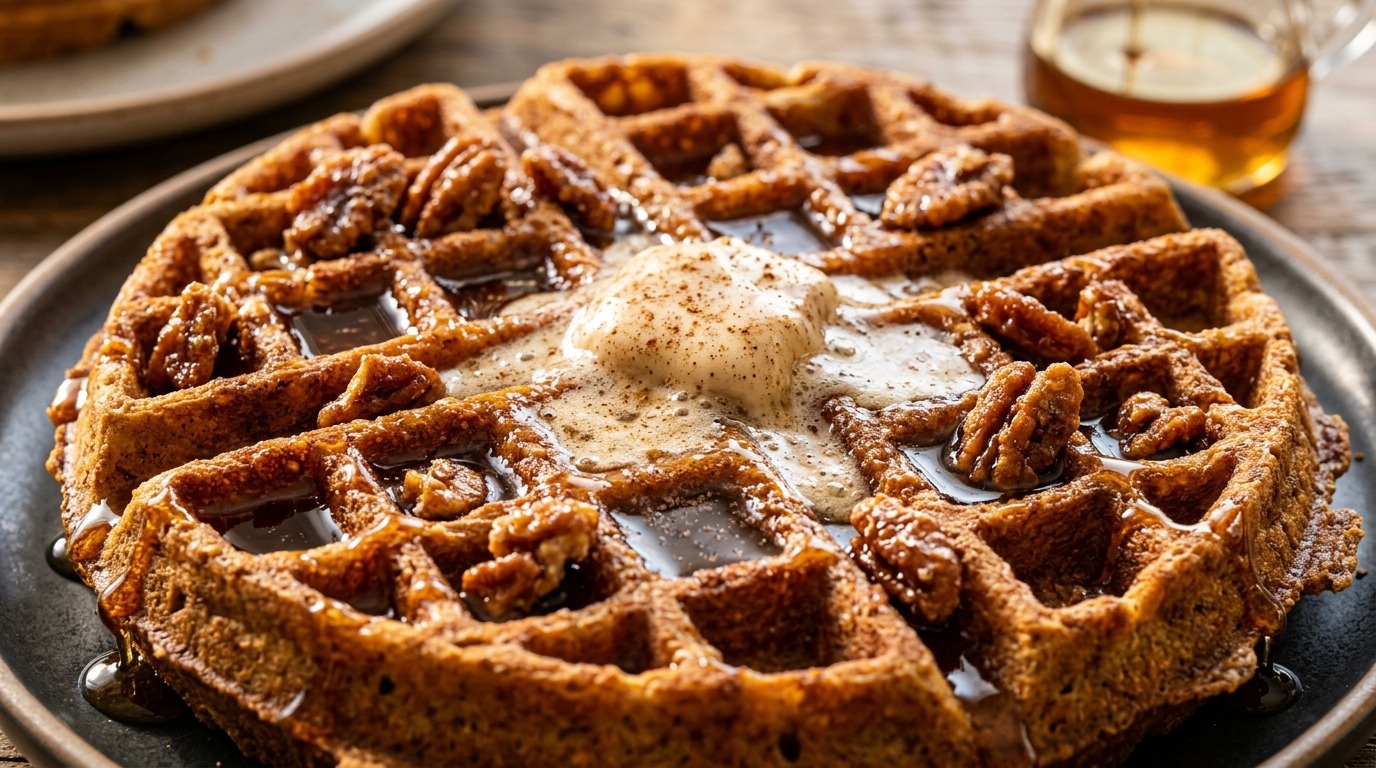 Ultra close-up macro of crispy spiced pumpkin Belgian waffles with dripping maple syrup and cinnamon butter