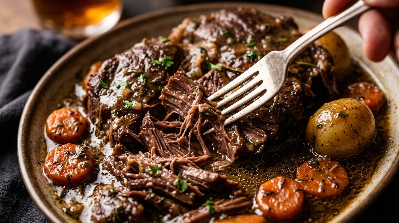Ultra close-up macro succulent slow cooker beef pot roast with carrots and potatoes