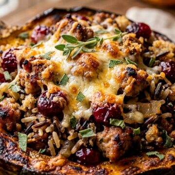 Ultra close-up macro texture of savory roasted acorn squash stuffed with sausage wild rice and cranberries