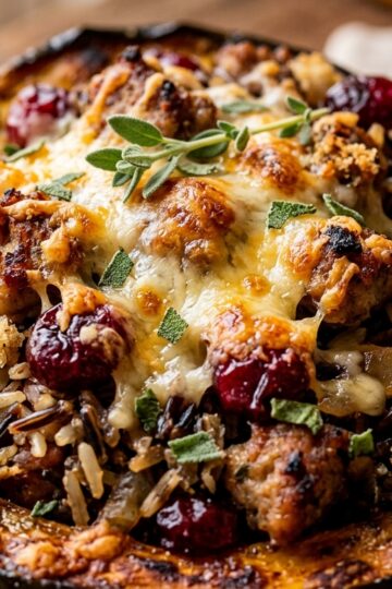 Ultra close-up macro texture of savory roasted acorn squash stuffed with sausage wild rice and cranberries