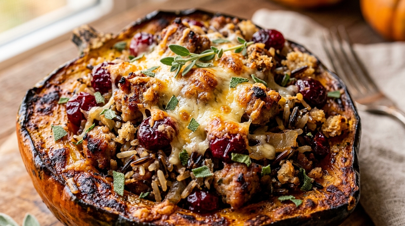 Ultra close-up macro texture of savory roasted acorn squash stuffed with sausage wild rice and cranberries